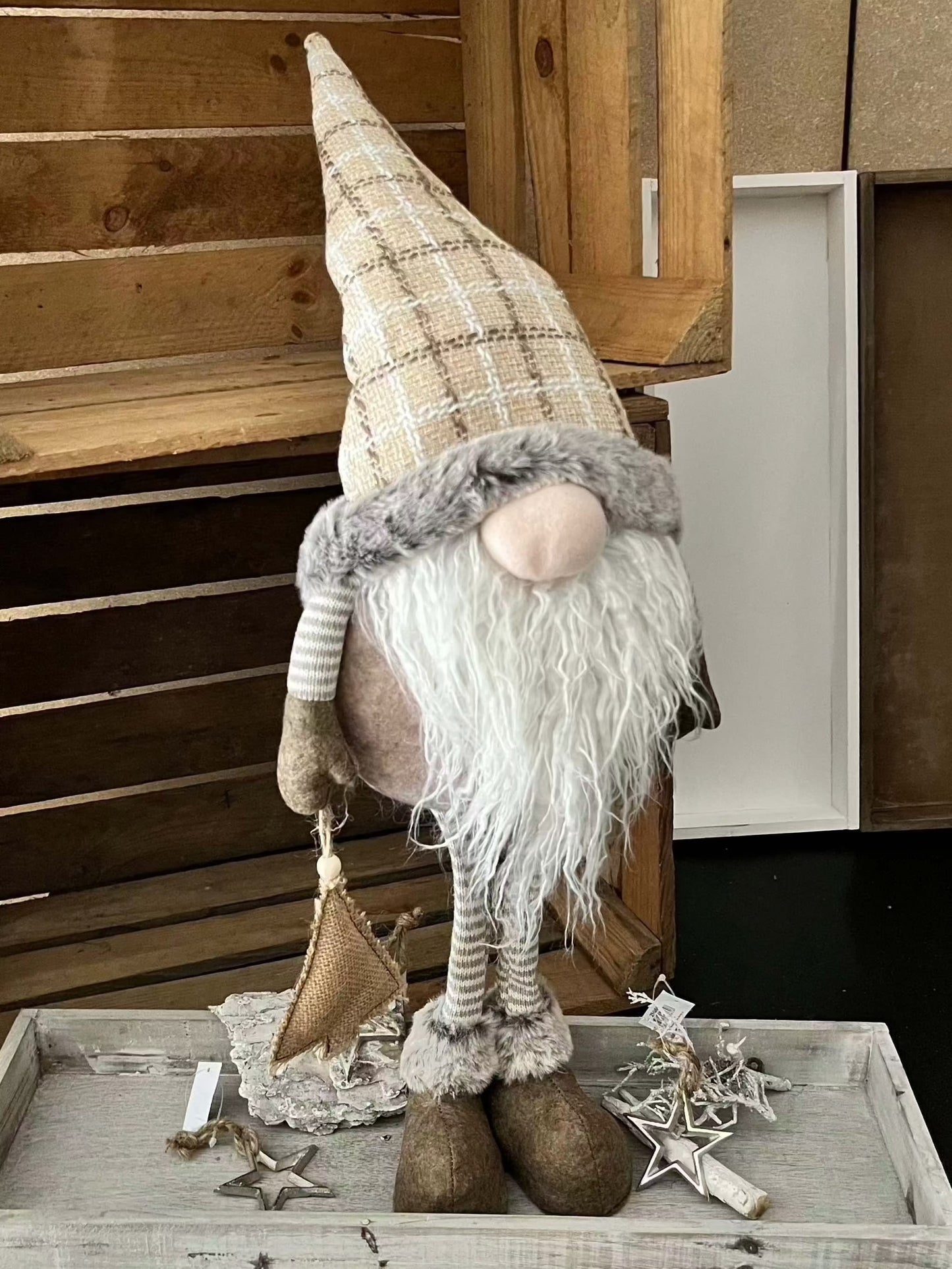 Standing beige/brown Wichtel gnome, 70cm tall, made of polyester, creating a cozy atmosphere.