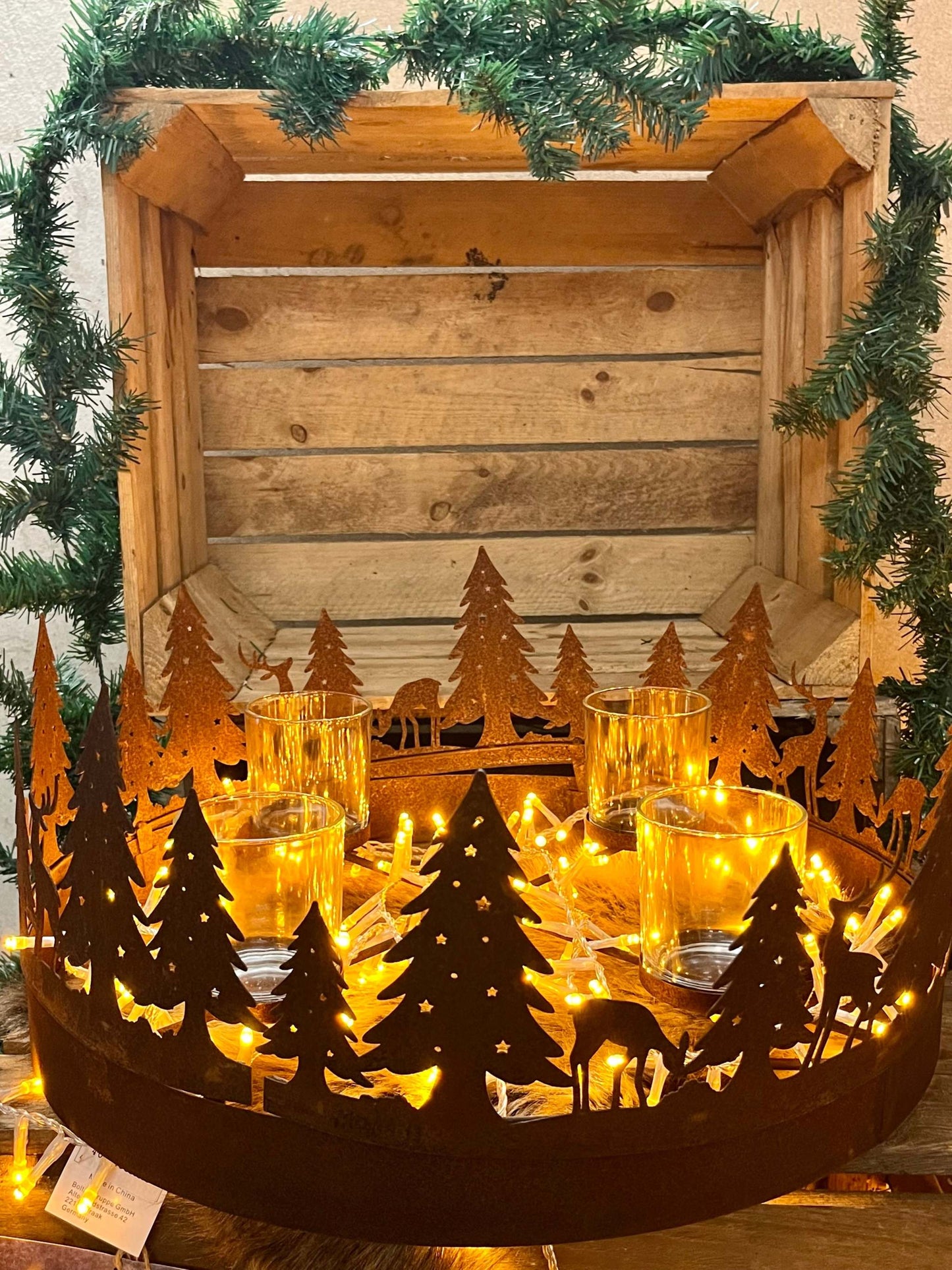 Adventskranz Metall:4Windlichter, Tannenbäume & Rentiere