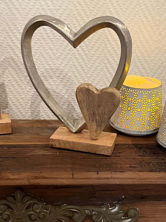 Aufsteller - Deko Alu Herz, Mango-Holzherz, ca. H22 cm