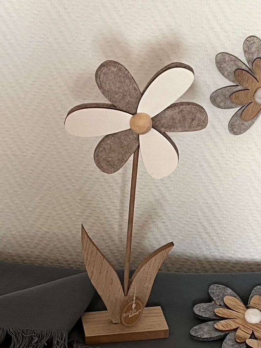 Dekoaufsteller - Filzblume, Grau,Hellgrau u. Beige, Weiß