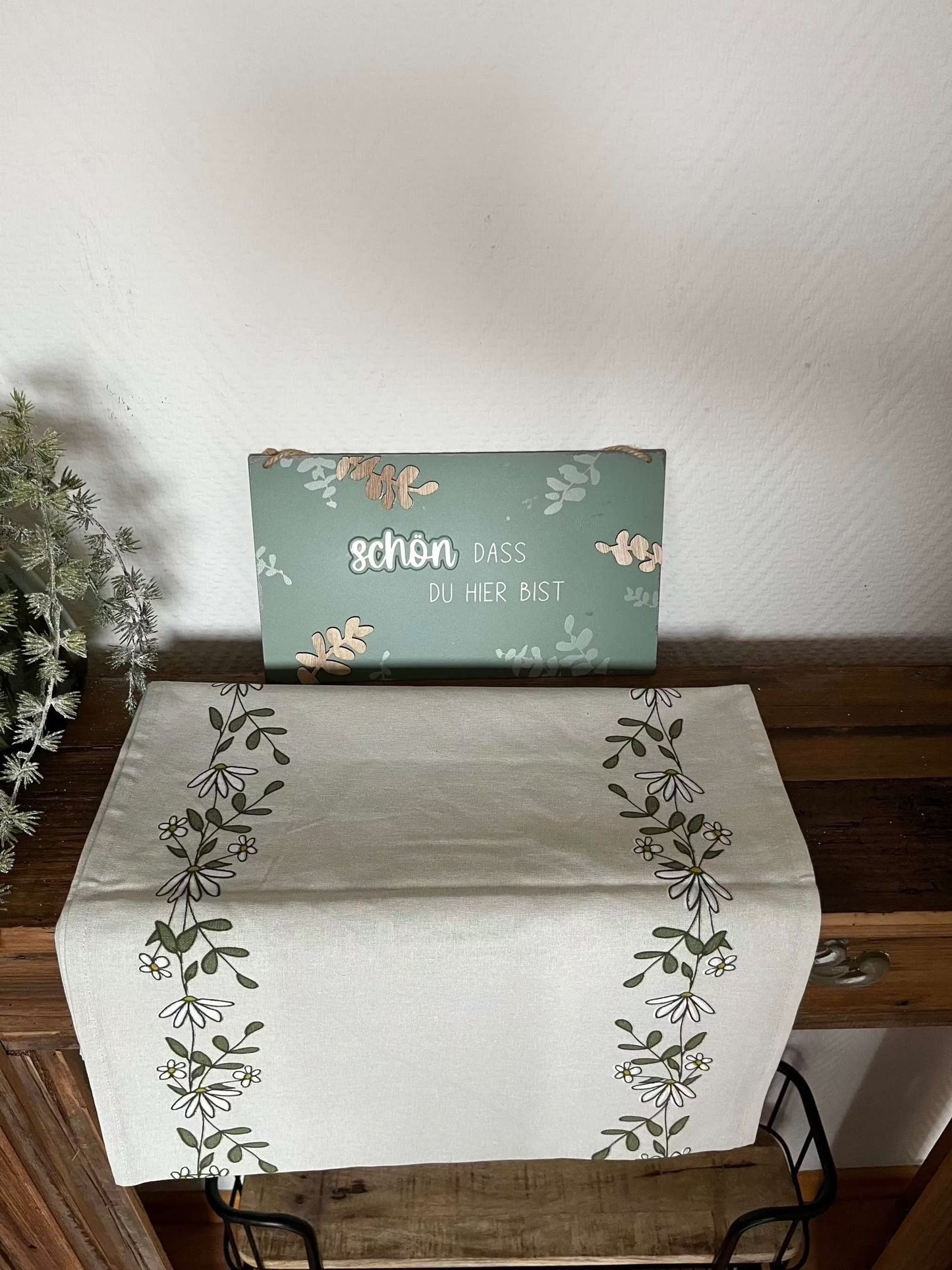 Tischläufer - Kamilie, L140cm lang, Grün und Weiß Druck