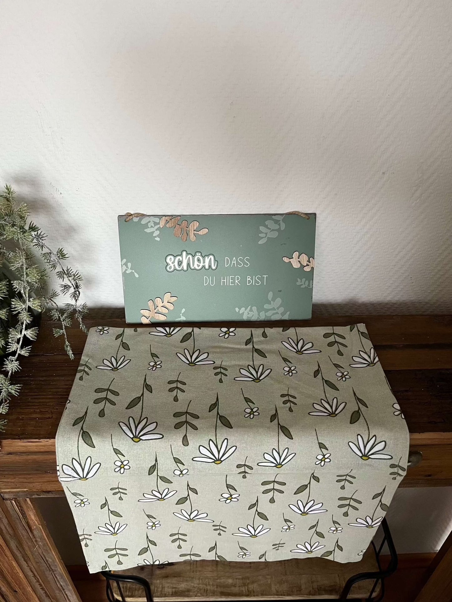 Tischläufer - Kamilie, L140cm lang, Grün und Weiß Druck