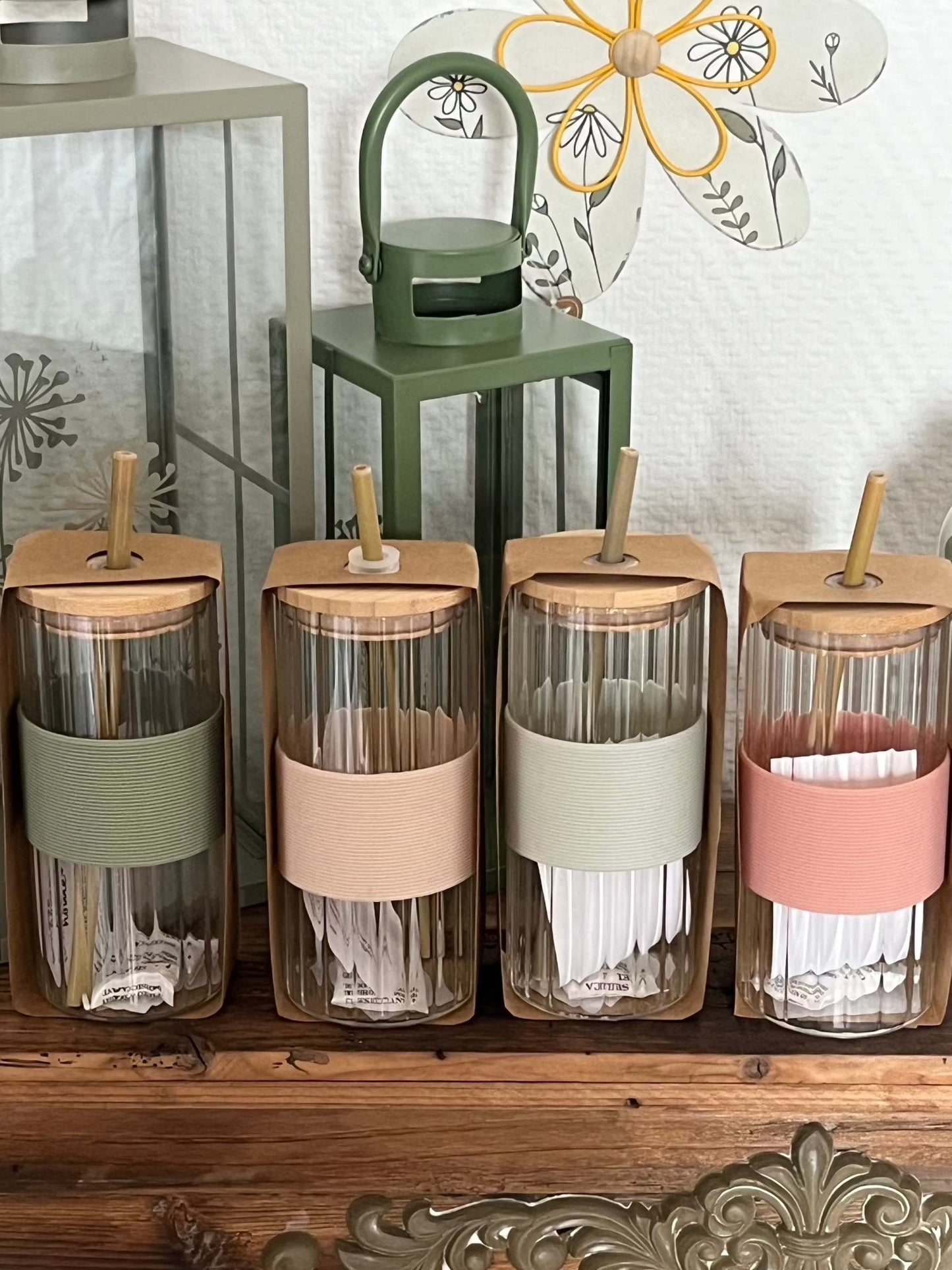 Gläser - mit Holzdeckel und Halm, 4 Farben, Menge:400 ml