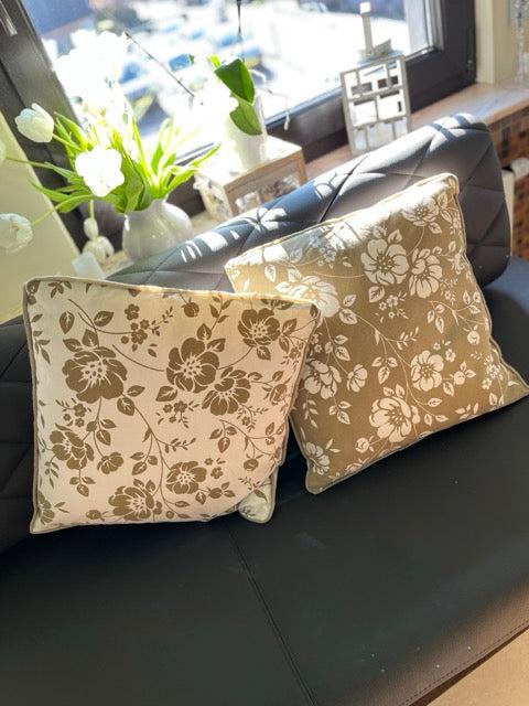 Kissen - Baumwolle, Natur, Floral Beige-Weiß, 40 x 40 cm